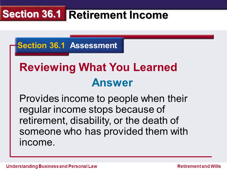 Understanding Business and Personal Law Retirement Income Section 36.1 Retirement and Wills Reviewing What You Learned Provides income to people when their regular income stops because of retirement, disability, or the death of someone who has provided them with income.