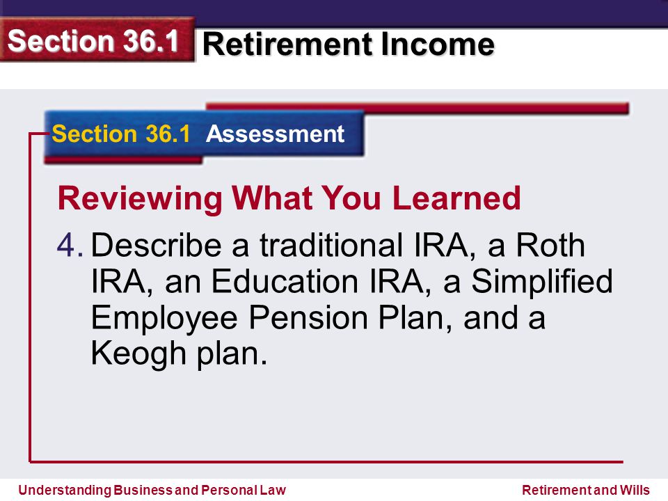 Understanding Business and Personal Law Retirement Income Section 36.1 Retirement and Wills Reviewing What You Learned 4.