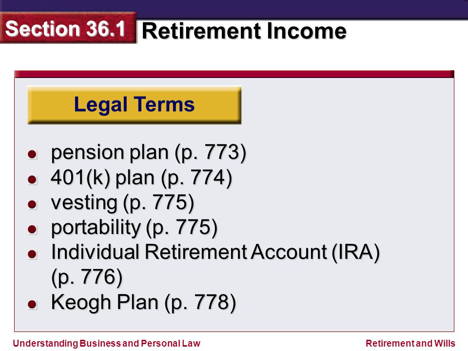 Understanding Business and Personal Law Retirement Income Section 36.1 Retirement and Wills Legal Terms pension plan (p.