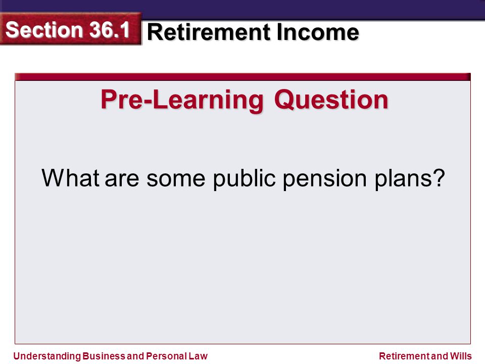 Understanding Business and Personal Law Retirement Income Section 36.1 Retirement and Wills Pre-Learning Question What are some public pension plans