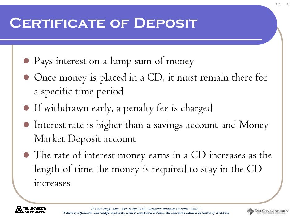 1.2.1.G1 © Take Charge Today – Revised April 2006– Depository Institution Discovery – Slide 13 Funded by a grant from Take Charge America, Inc.