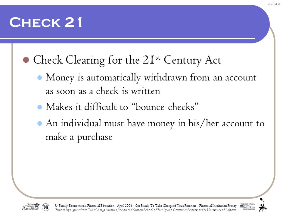 2.7.2.G1 © Family Economics & Financial Education – April 2006 – Get Ready To Take Charge of Your Finances – Financial Institution Frenzy Funded by a grant from Take Charge America, Inc.