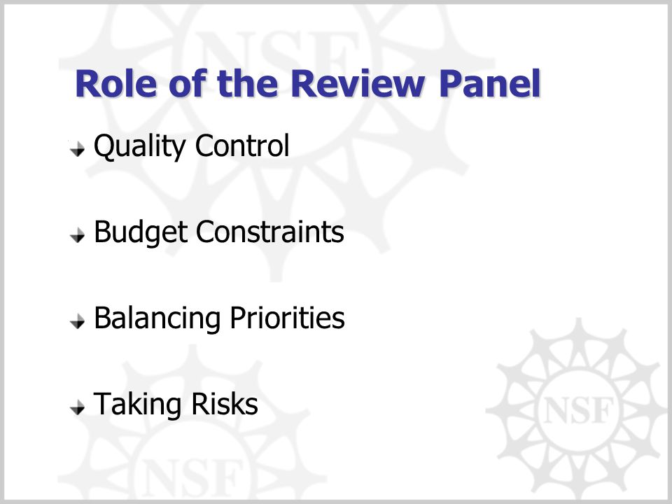 Role of the Review Panel Quality Control Budget Constraints Balancing Priorities Taking Risks