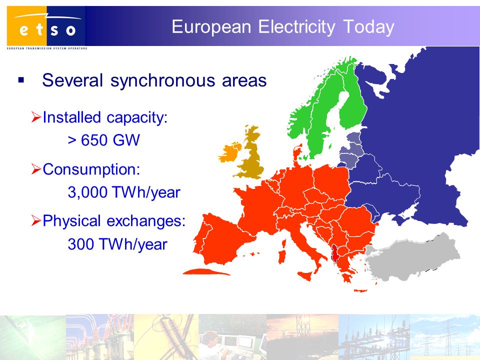 2 European Electricity Today  Several synchronous areas  Installed capacity: > 650 GW  Consumption: 3,000 TWh/year  Physical exchanges: 300 TWh/year