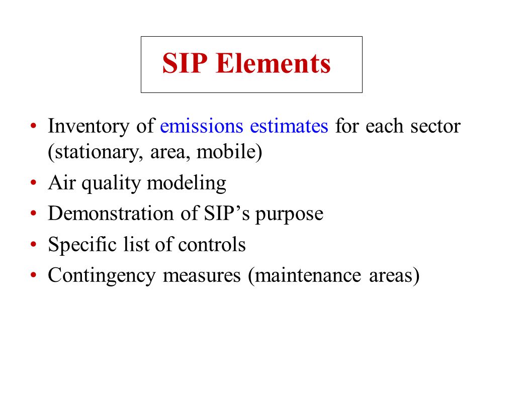 SIP Elements Inventory of emissions estimates for each sector (stationary, area, mobile) Air quality modeling Demonstration of SIP’s purpose Specific list of controls Contingency measures (maintenance areas)
