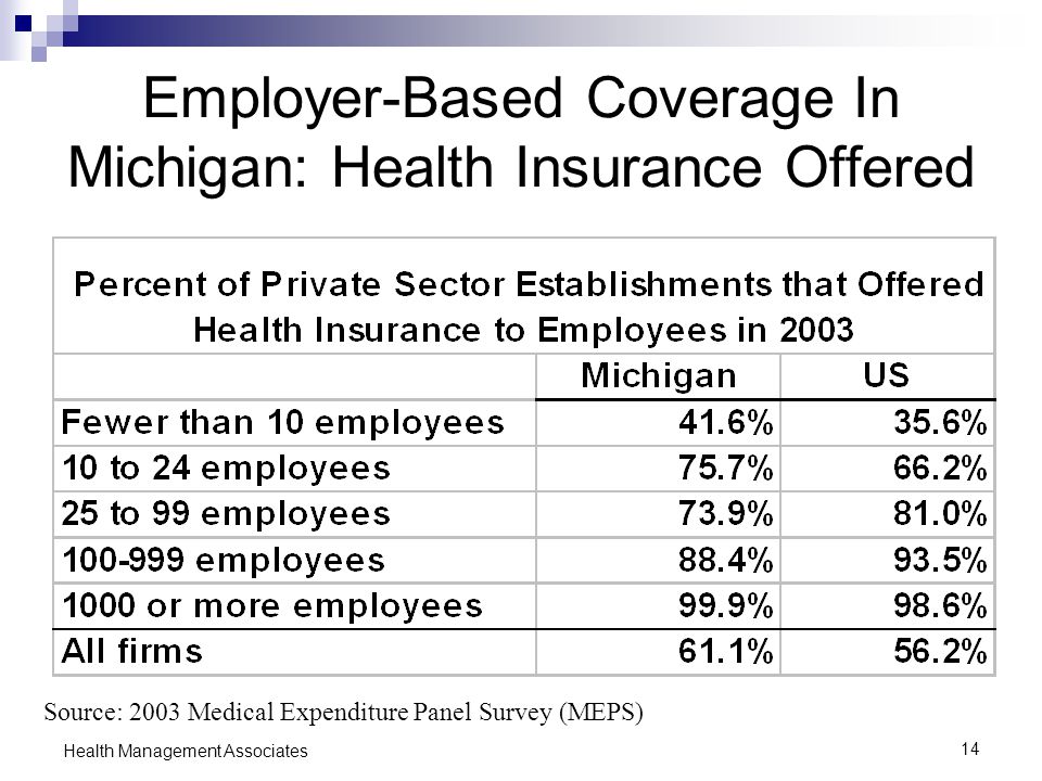14 Health Management Associates Employer-Based Coverage In Michigan: Health Insurance Offered Source: 2003 Medical Expenditure Panel Survey (MEPS)