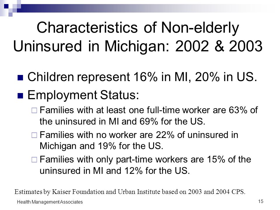 15 Health Management Associates Characteristics of Non-elderly Uninsured in Michigan: 2002 & 2003 Children represent 16% in MI, 20% in US.