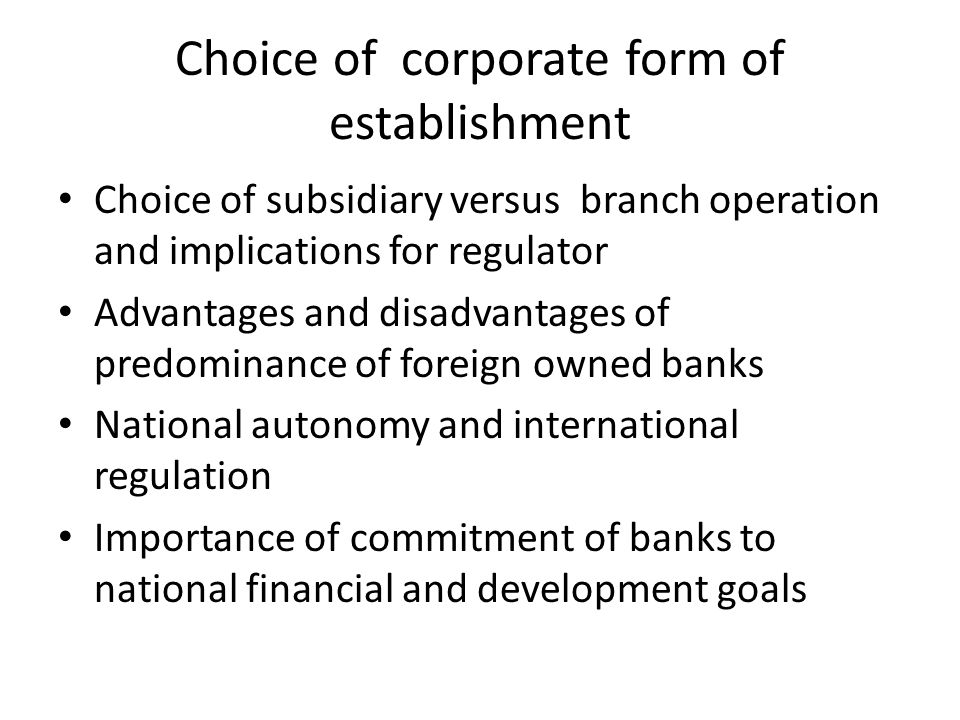 Choice of corporate form of establishment Choice of subsidiary versus branch operation and implications for regulator Advantages and disadvantages of predominance of foreign owned banks National autonomy and international regulation Importance of commitment of banks to national financial and development goals