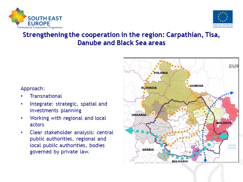 Strengthening the cooperation in the region: Carpathian, Tisa, Danube and Black Sea areas Approach: Transnational Integrate: strategic, spatial and investments planning Working with regional and local actors Clear stakeholder analysis: central public authorities, regional and local public authorities, bodies governed by private law.