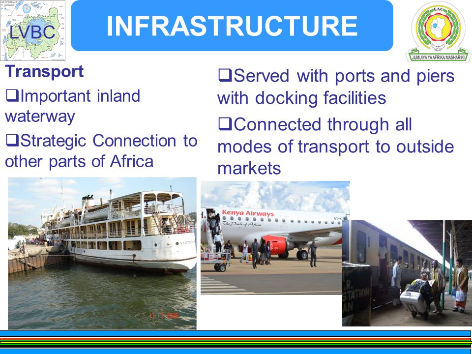 LVBC INFRASTRUCTURE Transport  Important inland waterway  Strategic Connection to other parts of Africa  Served with ports and piers with docking facilities  Connected through all modes of transport to outside markets