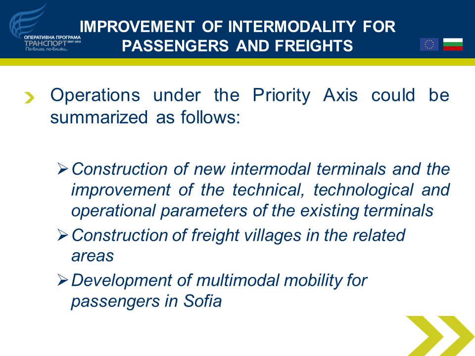 IMPROVEMENT OF INTERMODALITY FOR PASSENGERS AND FREIGHTS Operations under the Priority Axis could be summarized as follows:  Construction of new intermodal terminals and the improvement of the technical, technological and operational parameters of the existing terminals  Construction of freight villages in the related areas  Development of multimodal mobility for passengers in Sofia