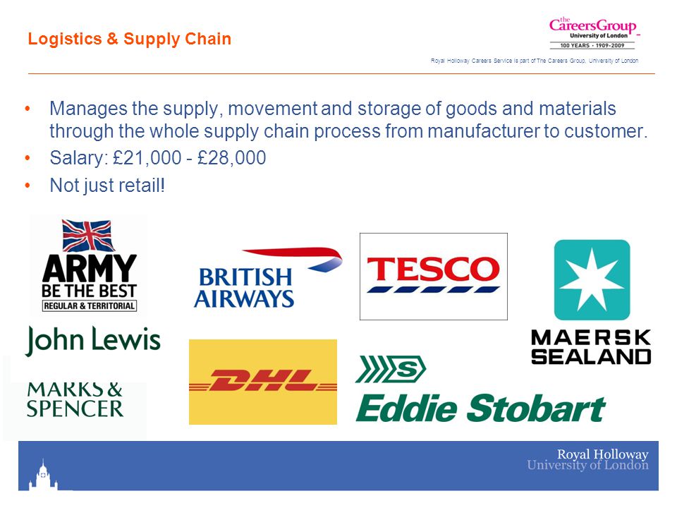 Royal Holloway Careers Service is part of The Careers Group, University of London Logistics & Supply Chain Manages the supply, movement and storage of goods and materials through the whole supply chain process from manufacturer to customer.