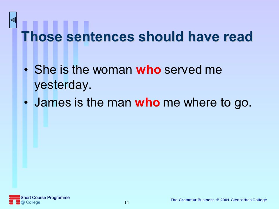 The Grammar Business © 2001 Glenrothes College 11 Those sentences should have read She is the woman who served me yesterday.
