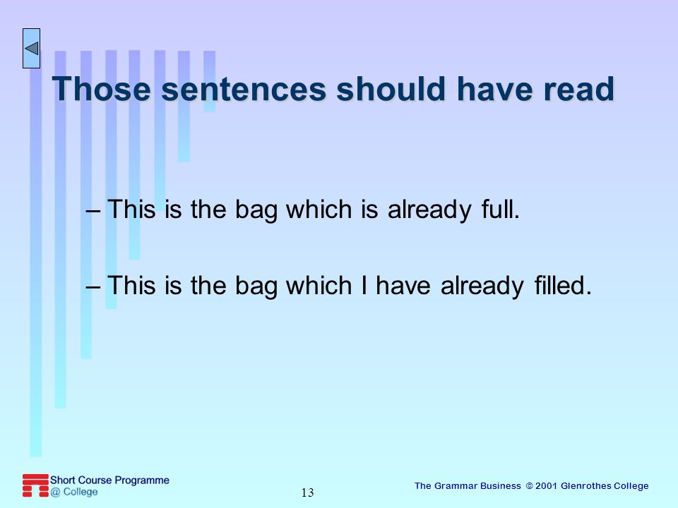 The Grammar Business © 2001 Glenrothes College 13 Those sentences should have read –This is the bag which is already full.