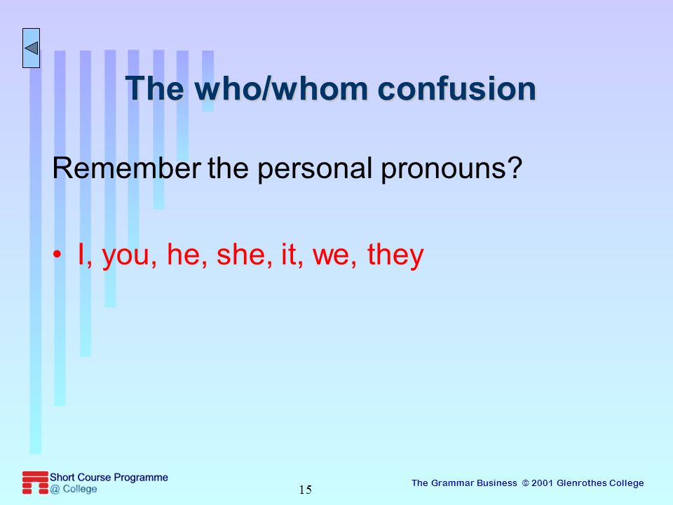 The Grammar Business © 2001 Glenrothes College 15 The who/whom confusion Remember the personal pronouns.