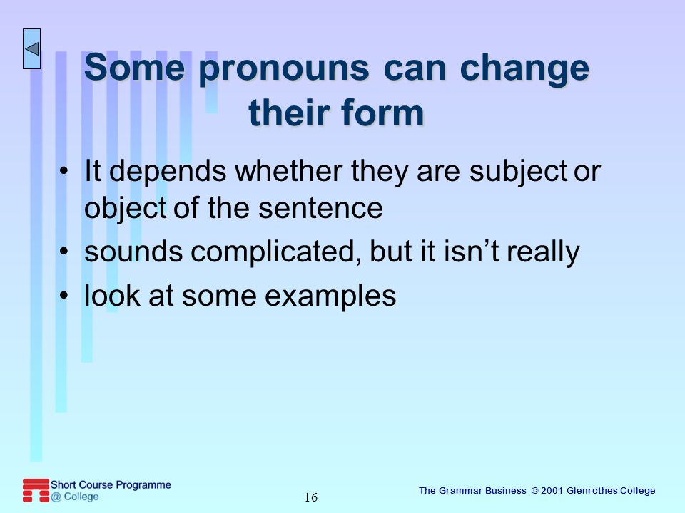 The Grammar Business © 2001 Glenrothes College 16 Some pronouns can change their form It depends whether they are subject or object of the sentence sounds complicated, but it isn’t really look at some examples