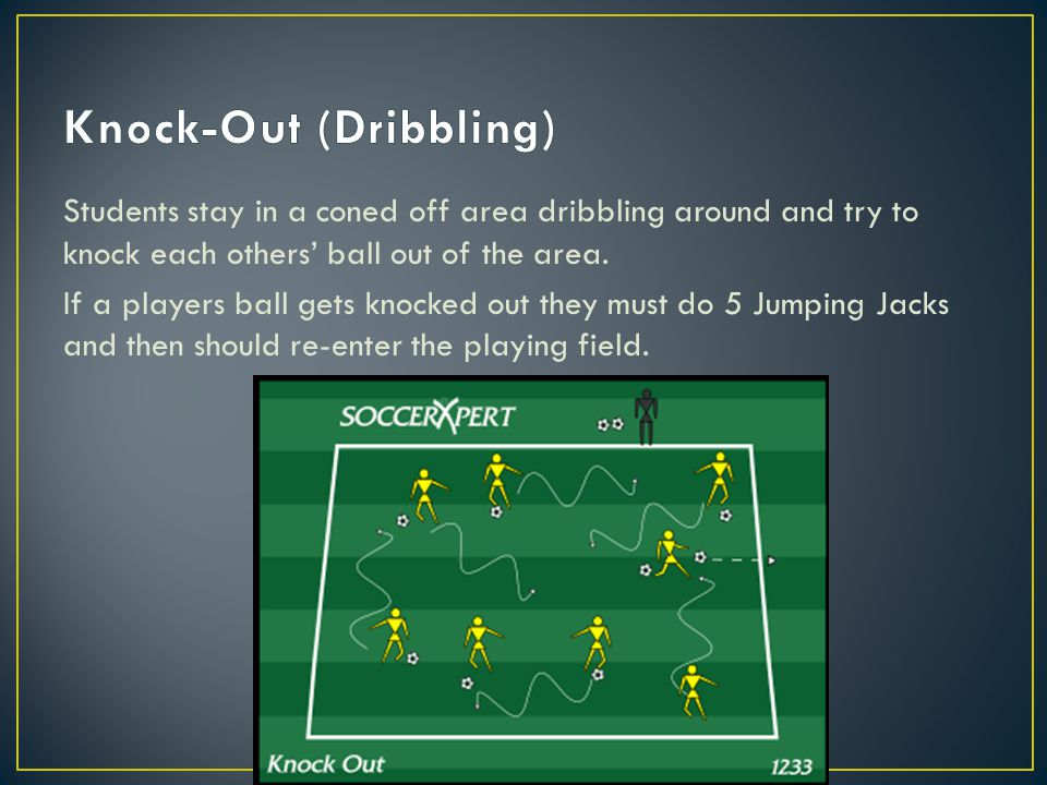 Students stay in a coned off area dribbling around and try to knock each others’ ball out of the area.
