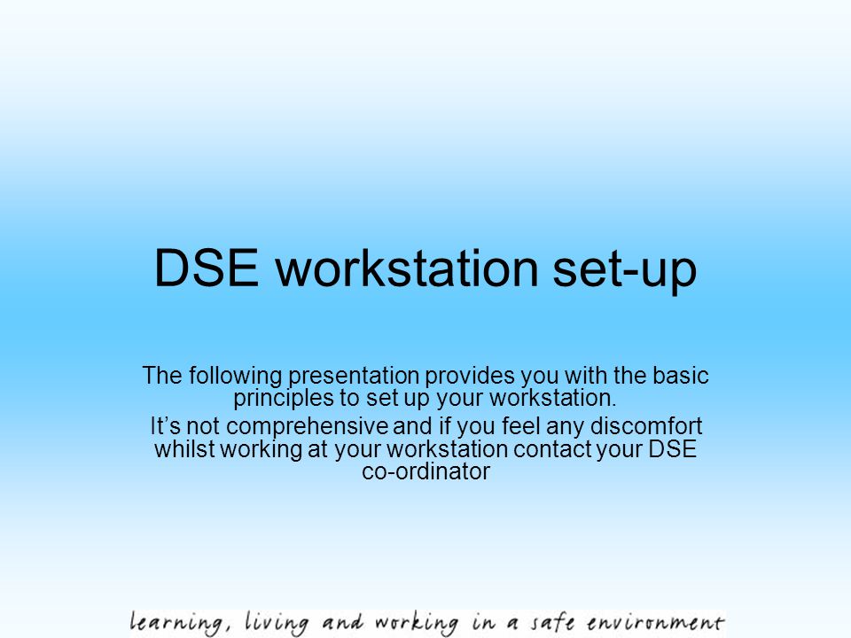 DSE workstation set-up The following presentation provides you with the basic principles to set up your workstation.