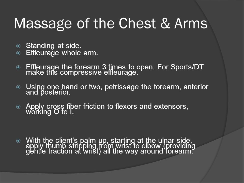 Massage of the Chest & Arms  Standing at side.  Effleurage whole arm.
