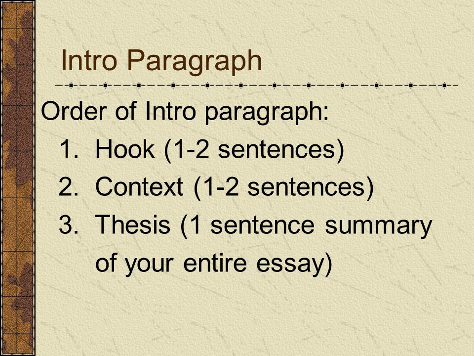 Intro Paragraph Order of Intro paragraph: 1. Hook (1-2 sentences) 2.