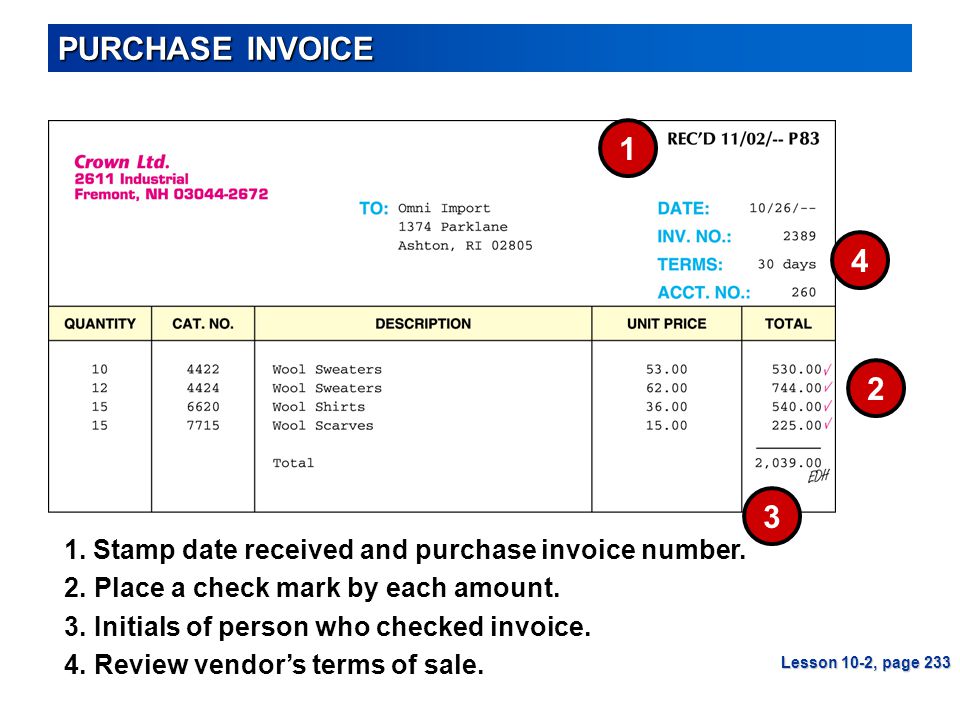 PURCHASE INVOICE Initials of person who checked invoice.
