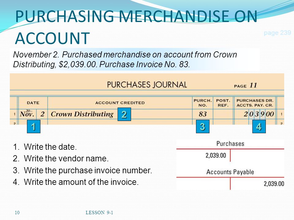 10LESSON 9-1 PURCHASING MERCHANDISE ON ACCOUNT page 239 November 2.
