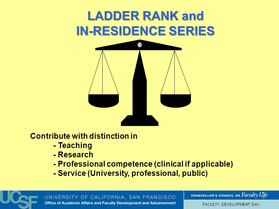 FACULTY DEVELOPMENT DAY LADDER RANK and IN-RESIDENCE SERIES Contribute with distinction in - Teaching - Research - Professional competence (clinical if applicable) - Service (University, professional, public)