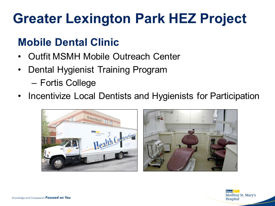 Greater Lexington Park HEZ Project Mobile Dental Clinic Outfit MSMH Mobile Outreach Center Dental Hygienist Training Program –Fortis College Incentivize Local Dentists and Hygienists for Participation