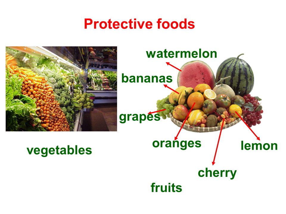 Protective foods vegetables fruits watermelon bananas grapes oranges lemon cherry