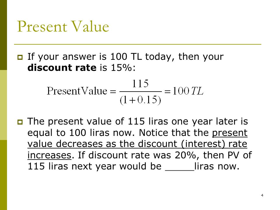 4  If your answer is 100 TL today, then your discount rate is 15%:  The present value of 115 liras one year later is equal to 100 liras now.