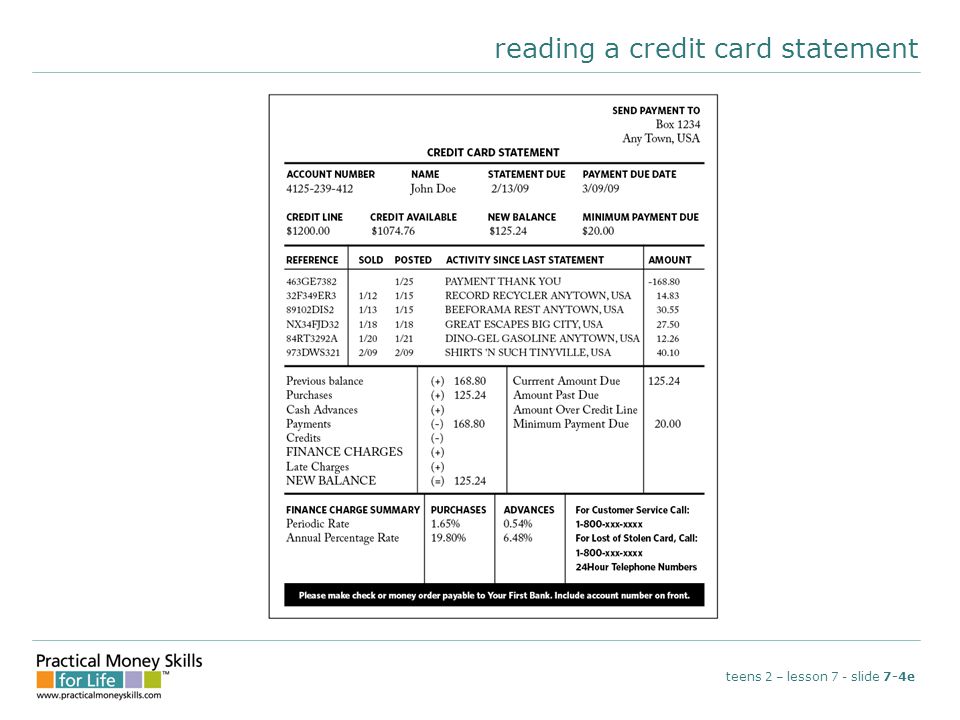 reading a credit card statement teens 2 – lesson 7 - slide 7-4e