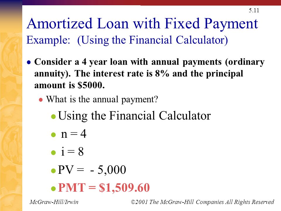McGraw-Hill/Irwin ©2001 The McGraw-Hill Companies All Rights Reserved 5.11 Amortized Loan with Fixed Payment Example: (Using the Financial Calculator) Consider a 4 year loan with annual payments (ordinary annuity).
