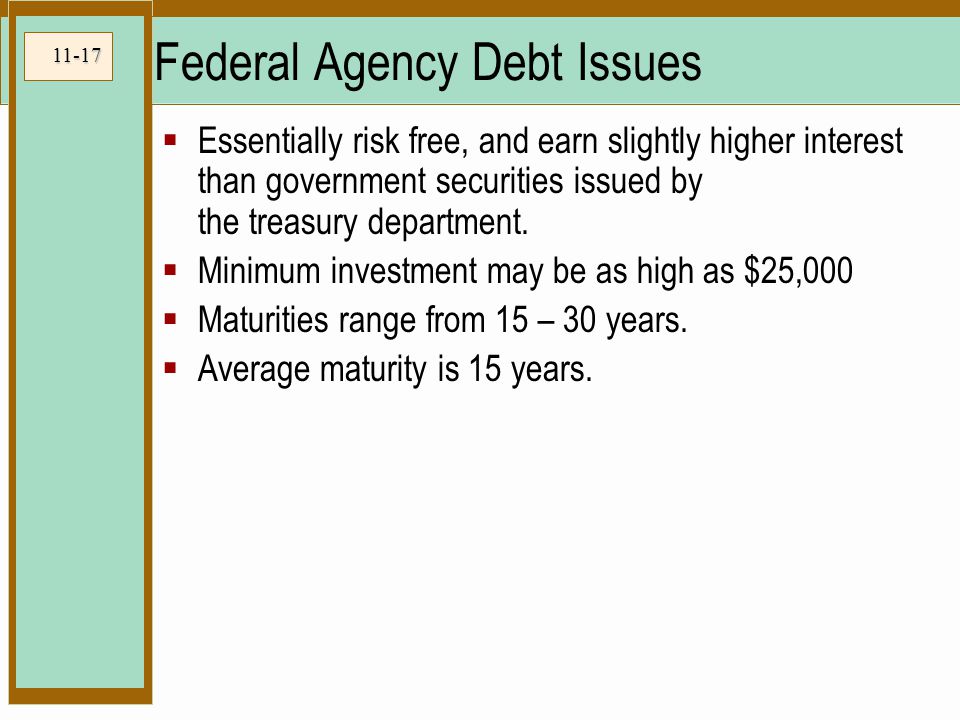 11-17 Federal Agency Debt Issues  Essentially risk free, and earn slightly higher interest than government securities issued by the treasury department.