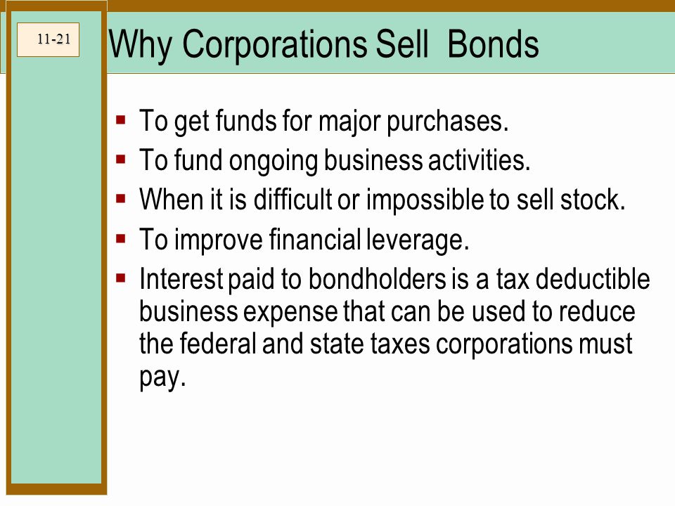 11-21 Why Corporations Sell Bonds  To get funds for major purchases.