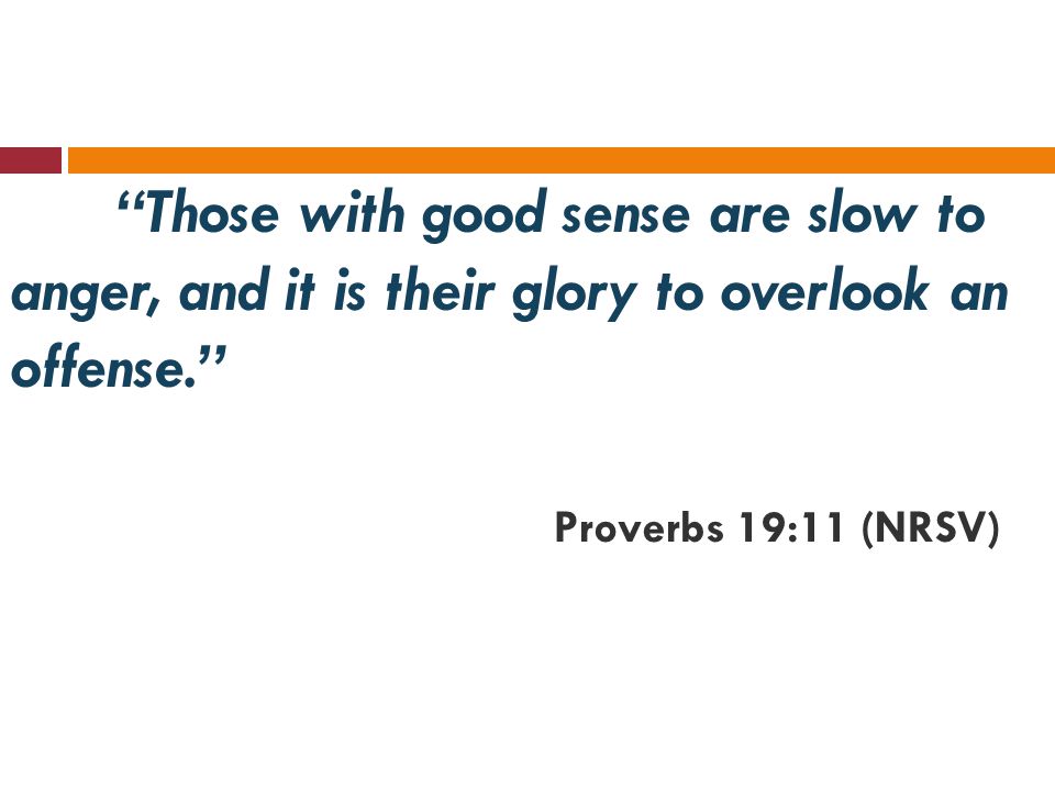 Those with good sense are slow to anger, and it is their glory to overlook an offense. Proverbs 19:11 (NRSV)