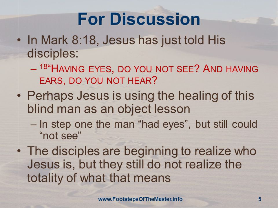 For Discussion In Mark 8:18, Jesus has just told His disciples: – 18 H AVING EYES, DO YOU NOT SEE .