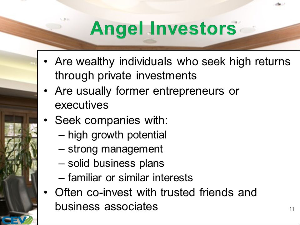 Are wealthy individuals who seek high returns through private investments Are usually former entrepreneurs or executives Seek companies with: –high growth potential –strong management –solid business plans –familiar or similar interests Often co-invest with trusted friends and business associates 11