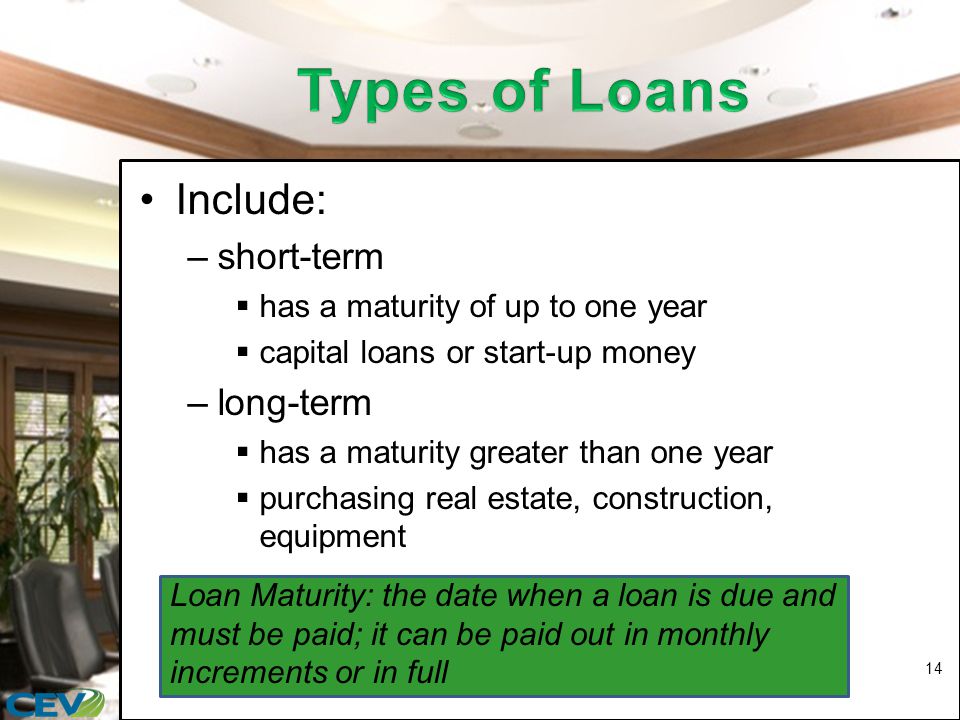 Loan Maturity: the date when a loan is due and must be paid; it can be paid out in monthly increments or in full Include: –short-term  has a maturity of up to one year  capital loans or start-up money –long-term  has a maturity greater than one year  purchasing real estate, construction, equipment 14