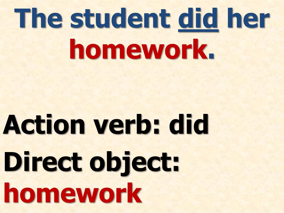 The student did her homework. Action verb: did Direct object: homework