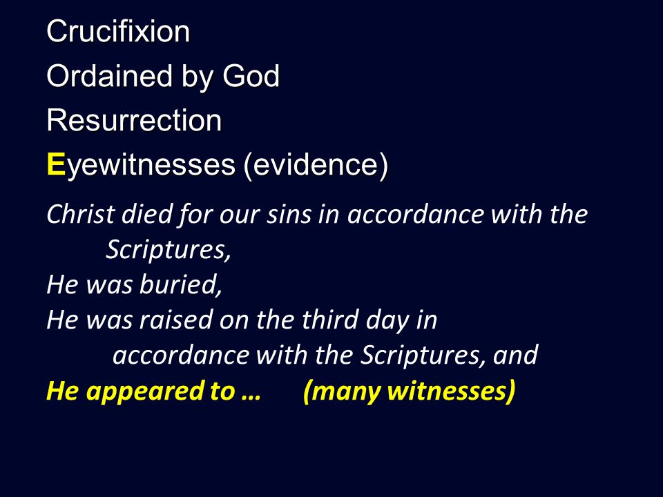 Crucifixion Ordained by God Resurrection Eyewitnesses (evidence) Christ died for our sins in accordance with the Scriptures, He was buried, He was raised on the third day in accordance with the Scriptures, and He appeared to … (many witnesses)