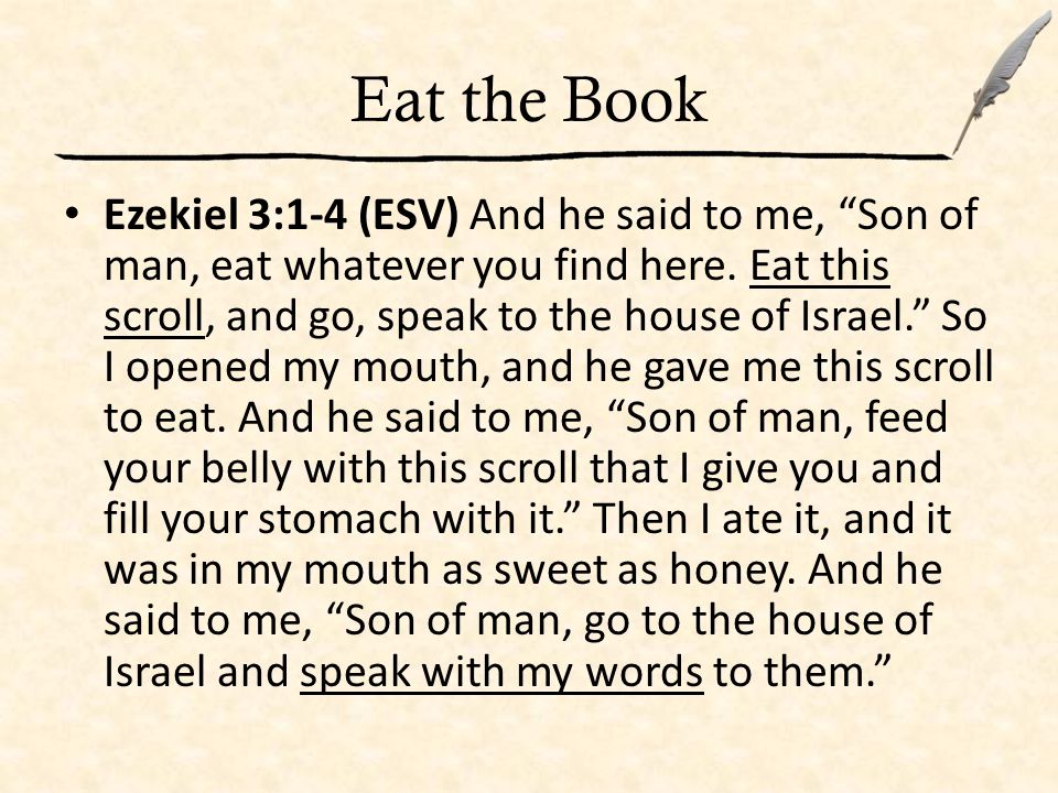 Eat the Book Ezekiel 3:1-4 (ESV) And he said to me, Son of man, eat whatever you find here.