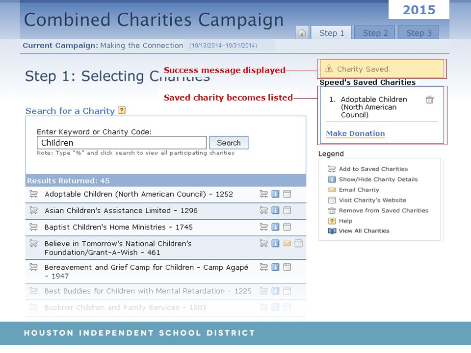 Children Saved charity becomes listed Success message displayed (10/13/2014–10/31/2014) 2015