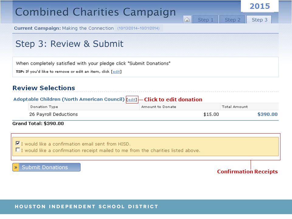 Click to edit donation Confirmation Receipts (10/13/2014–10/31/2014) 2015