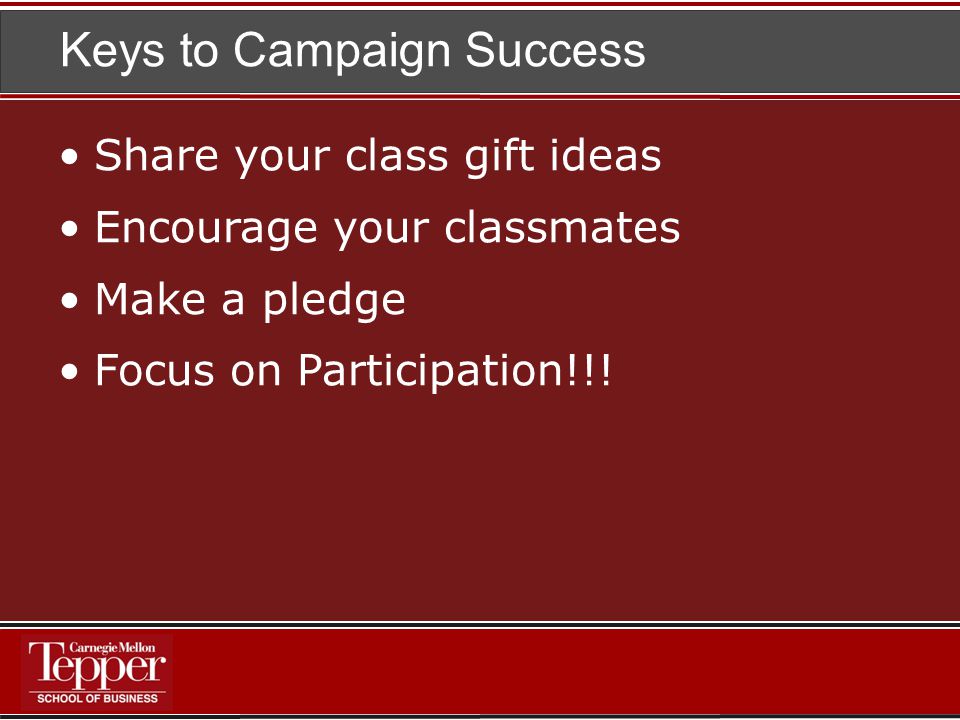 Keys to Campaign Success Share your class gift ideas Encourage your classmates Make a pledge Focus on Participation!!!