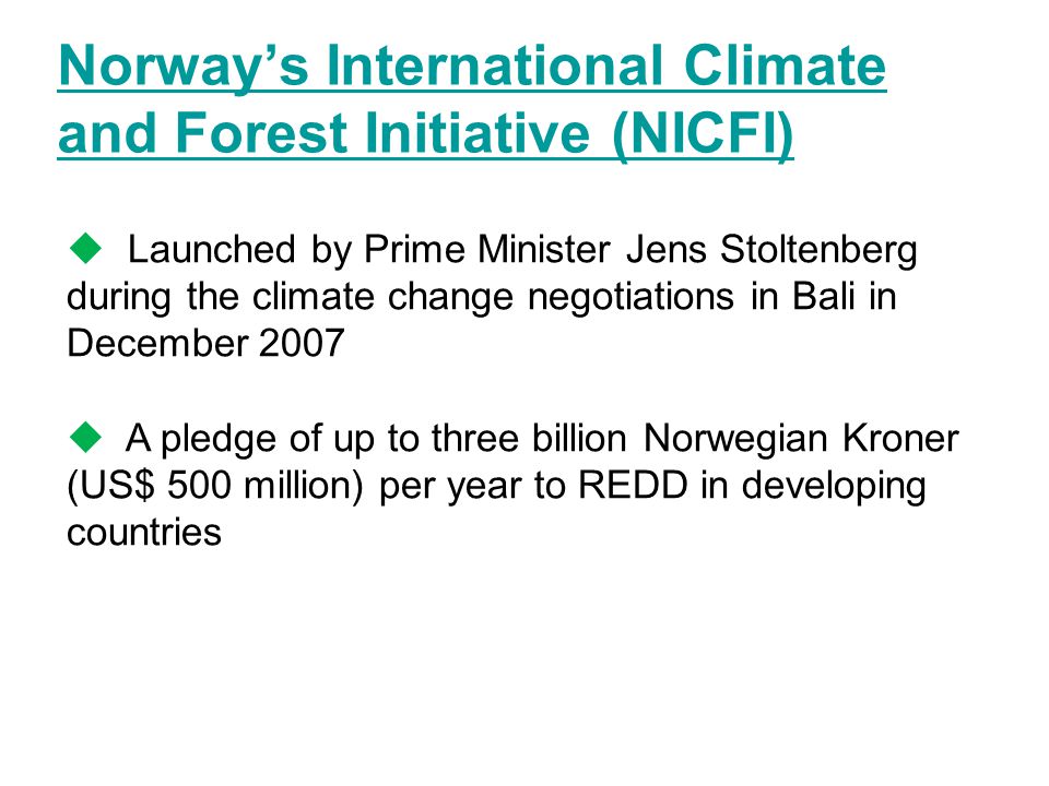 Norway’s International Climate and Forest Initiative (NICFI)  Launched by Prime Minister Jens Stoltenberg during the climate change negotiations in Bali in December 2007  A pledge of up to three billion Norwegian Kroner (US$ 500 million) per year to REDD in developing countries