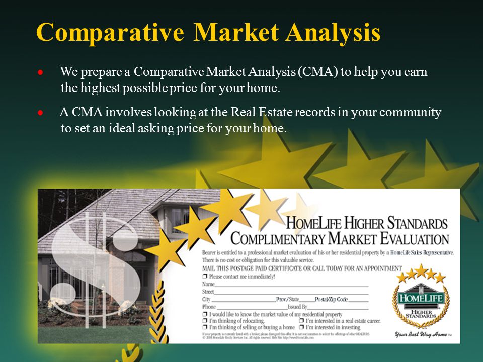 Comparative Market Analysis  We prepare a Comparative Market Analysis (CMA) to help you earn the highest possible price for your home.