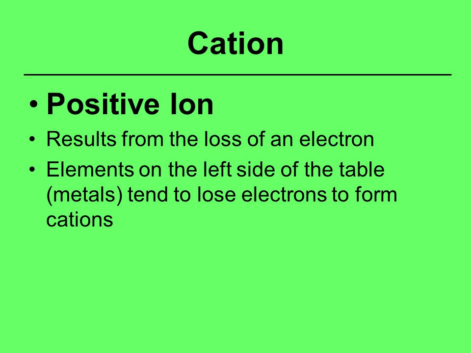 Cation Positive Ion Results from the loss of an electron Elements on the left side of the table (metals) tend to lose electrons to form cations