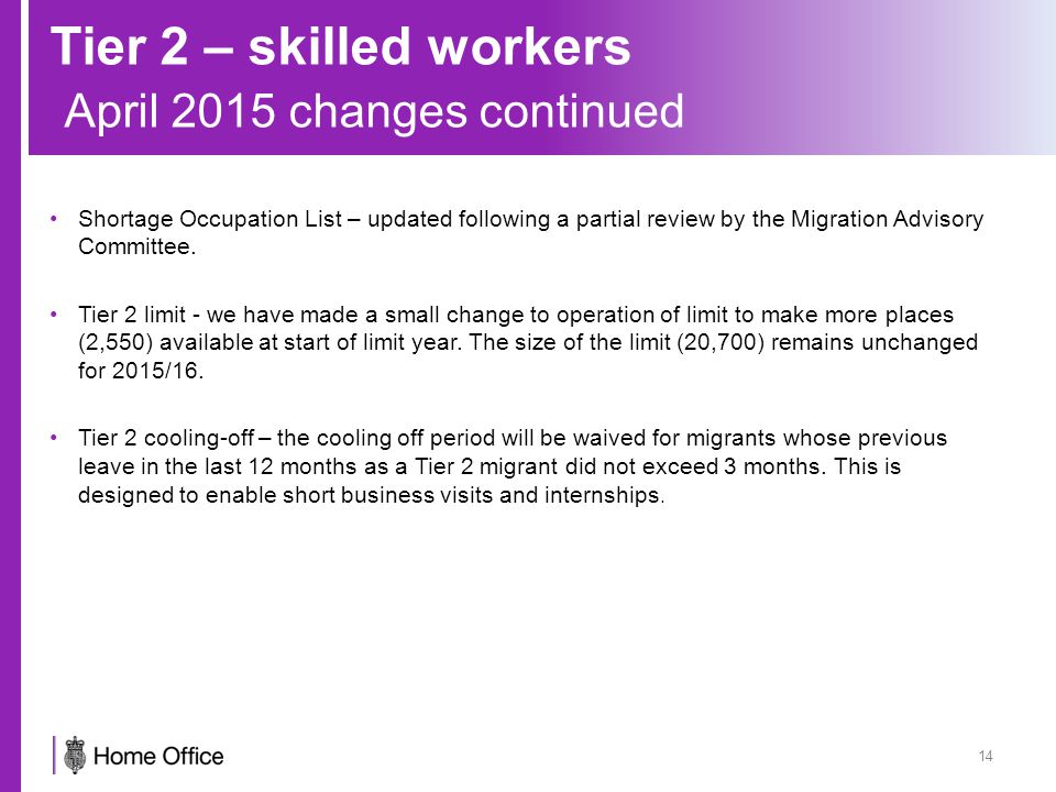 Tier 2 – skilled workers April 2015 changes continued Shortage Occupation List – updated following a partial review by the Migration Advisory Committee.