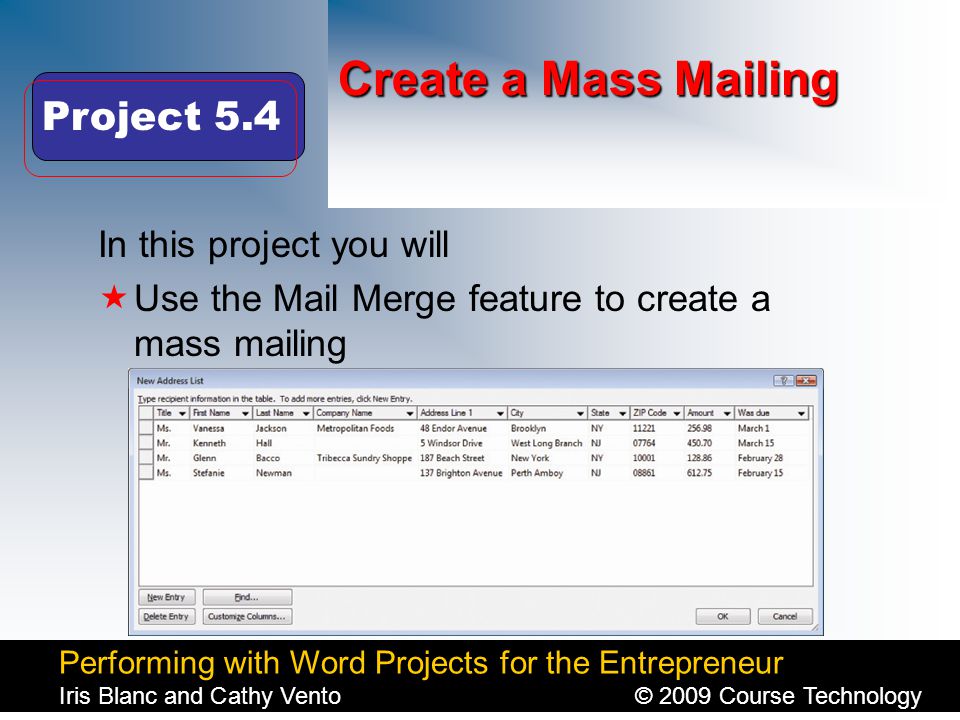 Performing with Word Projects for the Entrepreneur Iris Blanc and Cathy Vento© 2009 Course Technology Click to edit Master title style Create a Mass Mailing In this project you will  Use the Mail Merge feature to create a mass mailing Project 5.4