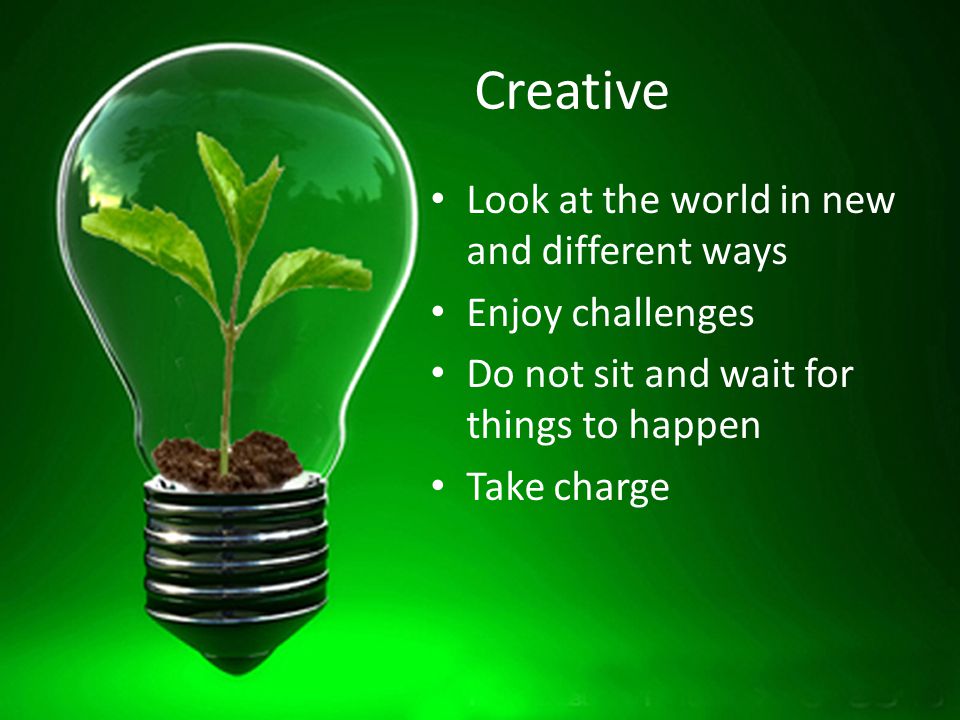Creative Look at the world in new and different ways Enjoy challenges Do not sit and wait for things to happen Take charge